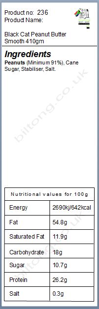 Nutritional information about Black Cat Peanut Butter Smooth 400gm