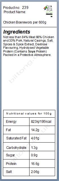 Nutritional information about Chicken Boerewors per 600g