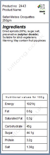 Nutritional information about Safari Mebos Croquettes 250gm