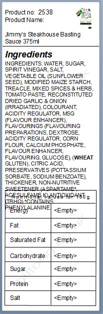 Nutritional information about Jimmy's Steakhouse Basting Sauce 375ml