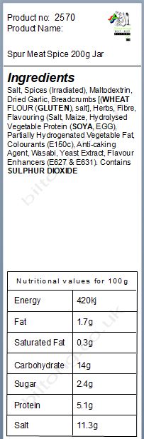 Nutritional information about Spur Meat Spice 200g Jar