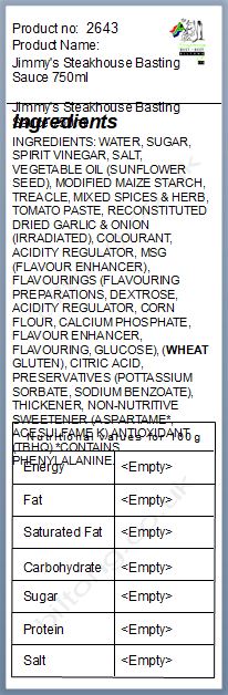 Nutritional information about Jimmy's Steakhouse Basting Sauce 750ml