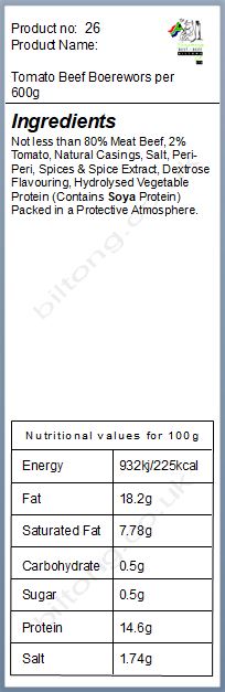 Nutritional information about Tomato Beef  Boerewors per 600g
