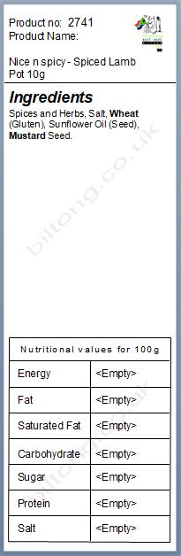 Nutritional information about Nice n spicy - Spiced Lamb Pot 10g