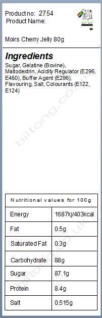 Nutritional information about Moirs Cherry Jelly 80g