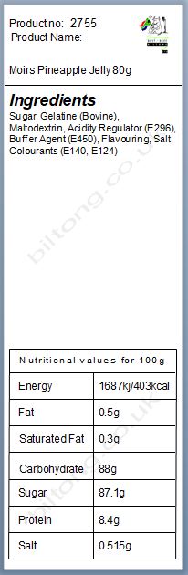 Nutritional information about Moirs Pineapple Jelly 80g