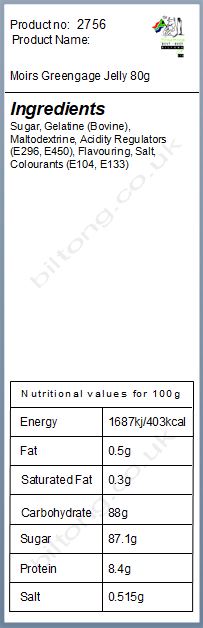 Nutritional information about Moirs Greengage Jelly 80g