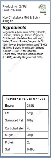 Nutritional information about Koo Chakalaka Mild & Spicy 410g tin