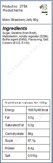 Nutritional information about Moirs Strawberry Jelly 80g