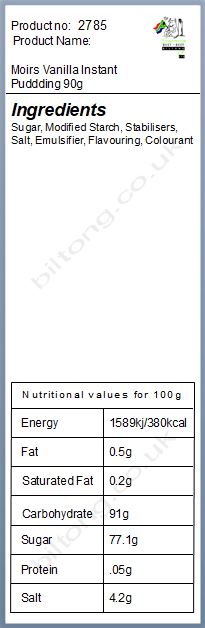 Nutritional information about Moirs Vanilla Instant Puddding 90g