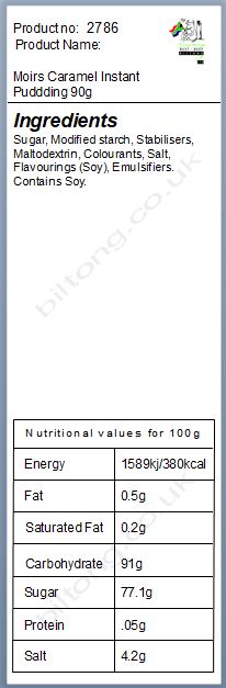 Nutritional information about Moirs Caramel Instant Puddding 90g