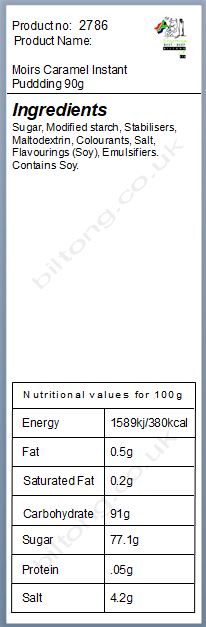 Nutritional information about Moirs Caramel Instant Puddding 90g