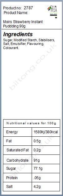 Nutritional information about Moirs Strawberry Instant Puddding 90g