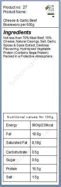 Nutritional information about Cheese & Garlic Beef Boerewors per 600g