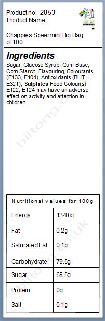 Nutritional information about Chappies Speermint Big Bag of 100
