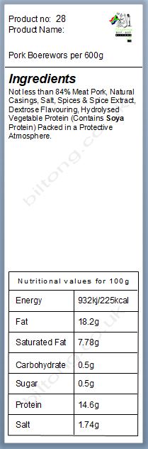 Nutritional information about Pork Boerewors per 600g