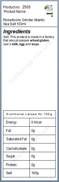 Nutritional information about Robertsons Grinder Atlantic Sea Salt 100ml