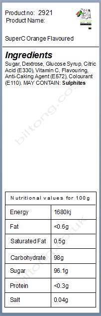 Nutritional information about SuperC Orange Flavoured