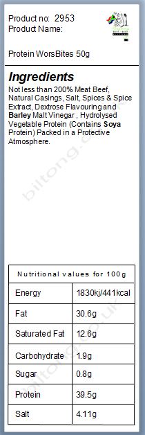 Nutritional information about Protein WorsBites 50g