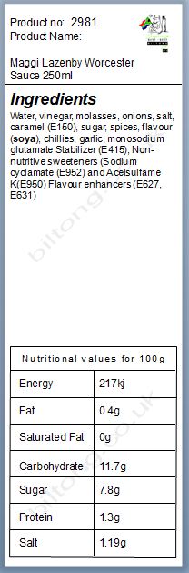 Nutritional information about Maggi Lazenby Worcester Sauce 250ml