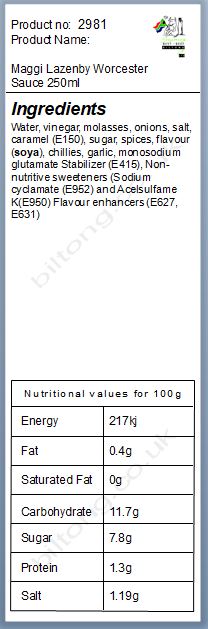 Nutritional information about Maggi Lazenby Worcester Sauce 250ml