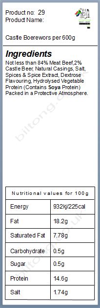 Nutritional information about Castle Boerewors per 600g