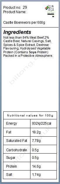 Nutritional information about Castle Boerewors per 600g