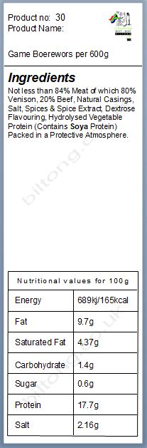Nutritional information about Game Boerewors per 600g