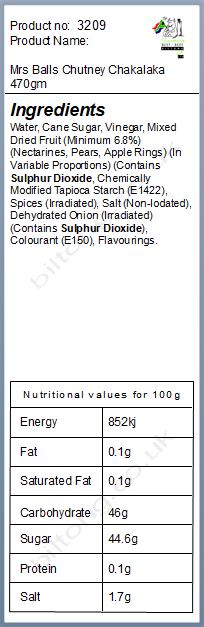 Nutritional information about Chakalaka 470gm  Mrs Balls Chutney