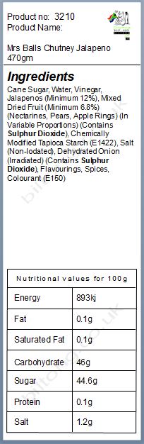 Nutritional information about Jalapeno 470gm  Mrs Balls Chutney