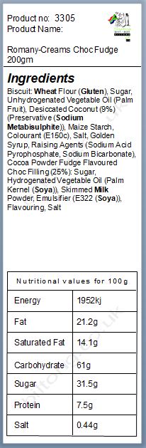 Nutritional information about Romany-Creams Choc Fudge 200gm