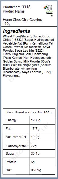 Nutritional information about Henro Choc Chip  Cookies 160g