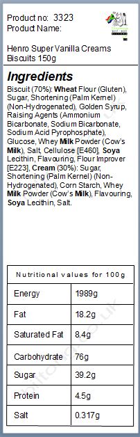Nutritional information about 2 for 1 Henro Super Vanilla Creams Biscuits  150g