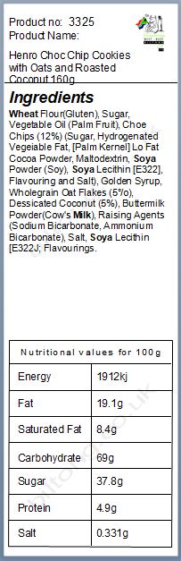 Nutritional information about Henro Choc Chip Cookies with Oats and Roasted Coconut 160g