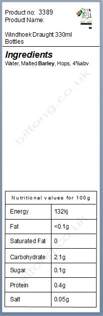 Nutritional information about Windhoek Draught 330ml Bottles x 6