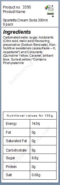 Nutritional information about Sparletta Cream Soda 300ml 6 pack