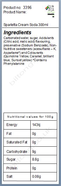 Nutritional information about Sparletta Cream Soda 300ml