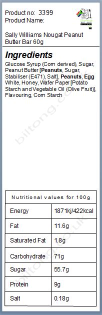 Nutritional information about Sally Williams Nougat Peanut Butter Bar 60g