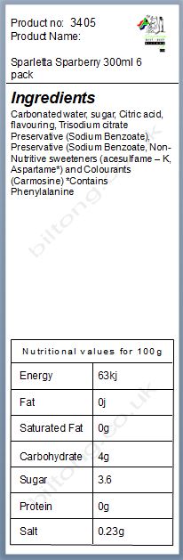 Nutritional information about Sparletta Sparberry 300ml 6 pack