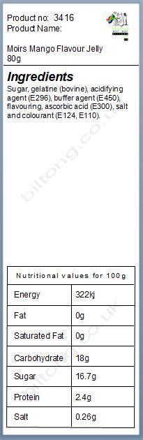 Nutritional information about Moirs Mango Jelly 80g