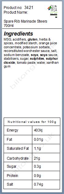 Nutritional information about Steers Spare Rib Marinade 700ml