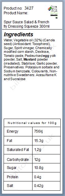 Nutritional information about Spur Sauce Salad & French fry Dressing Squeeze 300ml