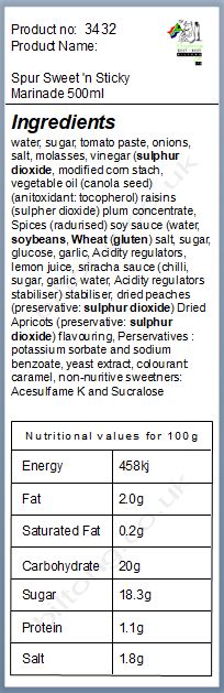 Nutritional information about Spur Sweet 'n Sticky Marinade 500ml