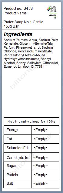 Nutritional information about Protex Soap No.1 Gentle 150g Bar