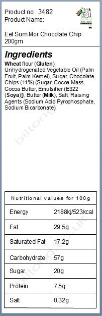 Nutritional information about Eet Sum Mor Chocolate Chip 200gm