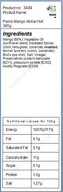 Nutritional information about Pakco Mango Atchar Hot 385g