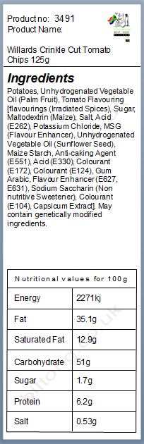 Nutritional information about Willards Crinkle Cut Tomato Chips 120g