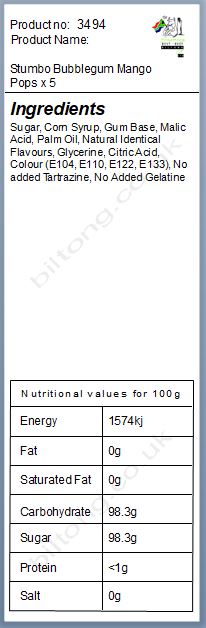 Nutritional information about Stumbo Bubblegum Mango Pops x 5