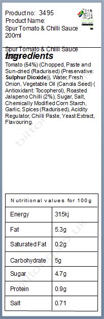 Nutritional information about Spur Tomato & Chilli Sauce 200ml