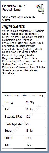 Nutritional information about Spur Sweet Chilli Dressing 500ml